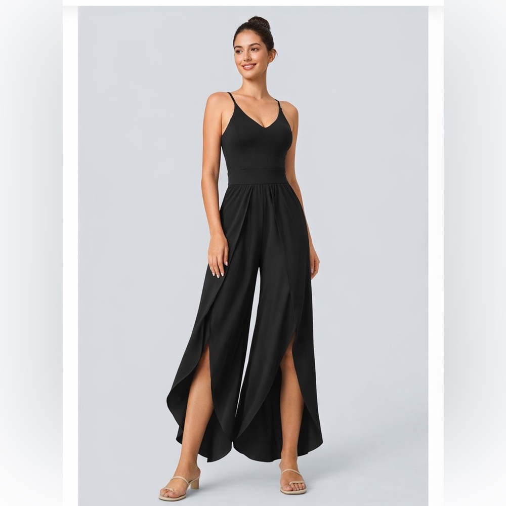 HALARA Black Breezeful Palazoo Flowy Split Wide Leg Jumpsuit